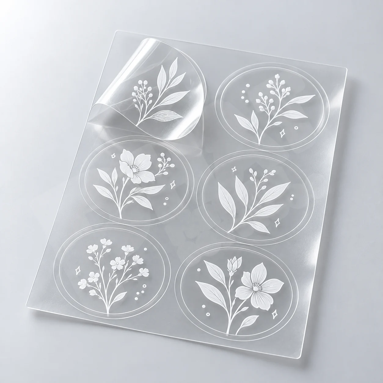 In Decal Trong Suốt Lót Mực Trắng Bằng Máy Laser Kỹ Thuật Số – Lấy Nhanh Giá Rẻ 1 Ảnh minh họa tờ tem decal trong suốt in hoa lá bằng mực trắng, một tem được bóc nhẹ