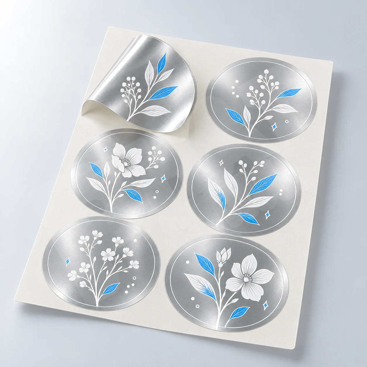In Decal Xi Bạc / Bạc Nhũ Bằng Máy In Laser Lót Mực Trắng 1 Ảnh minh họa tem decal xi bạc có chi tiết trắng và xanh trên nền ánh kim