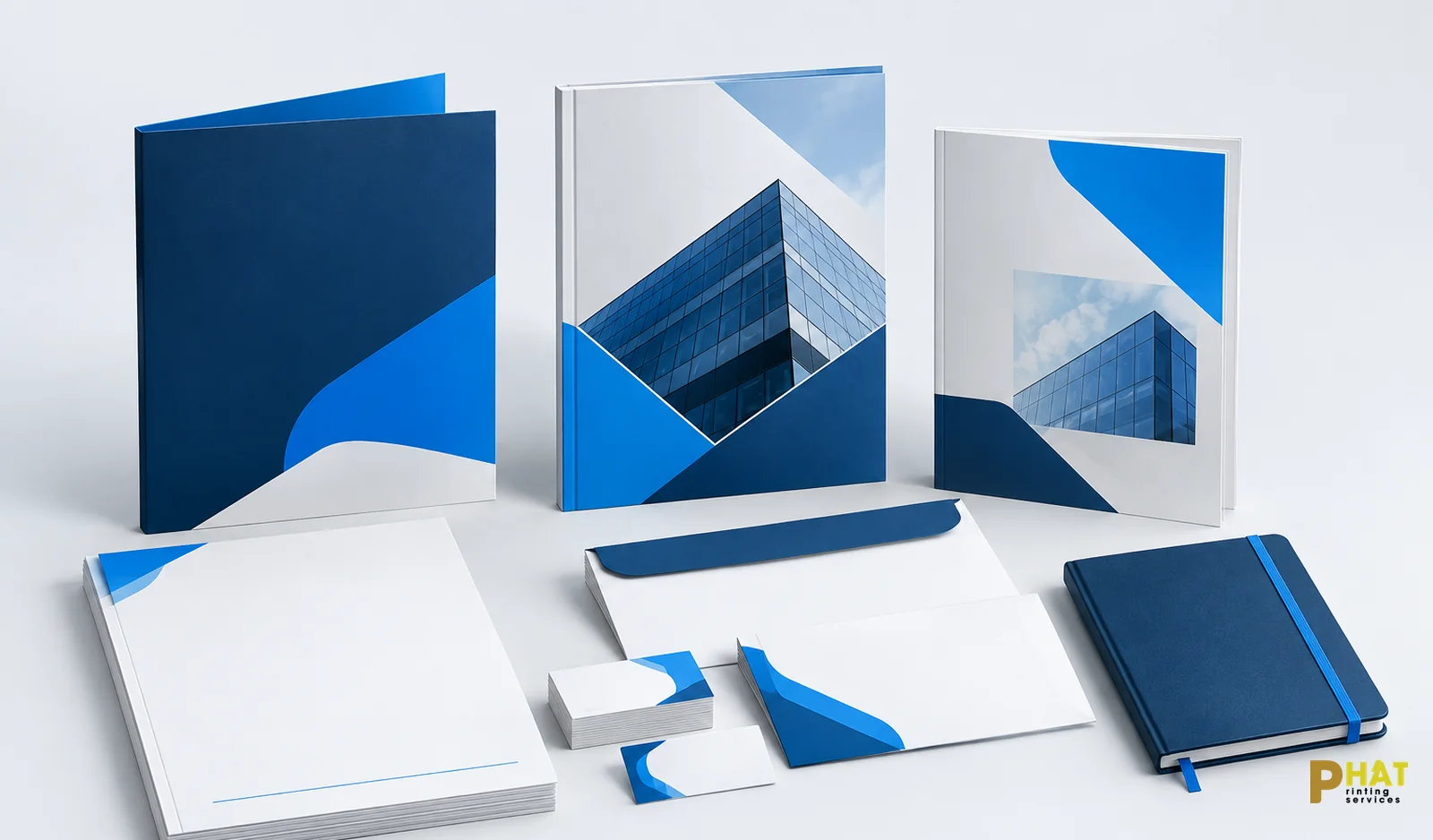 Bộ ấn phẩm văn phòng đồng bộ gồm name card, giấy tiêu đề, bao thư, folder, catalogue và sổ tay