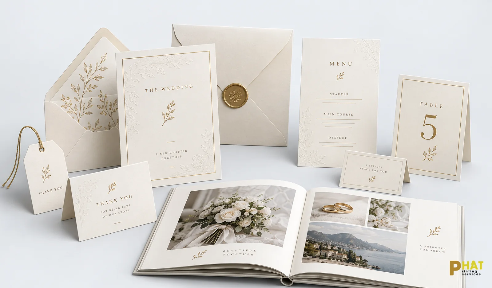 Bộ thiệp cưới, menu, thẻ bàn và photobook cá nhân hóa