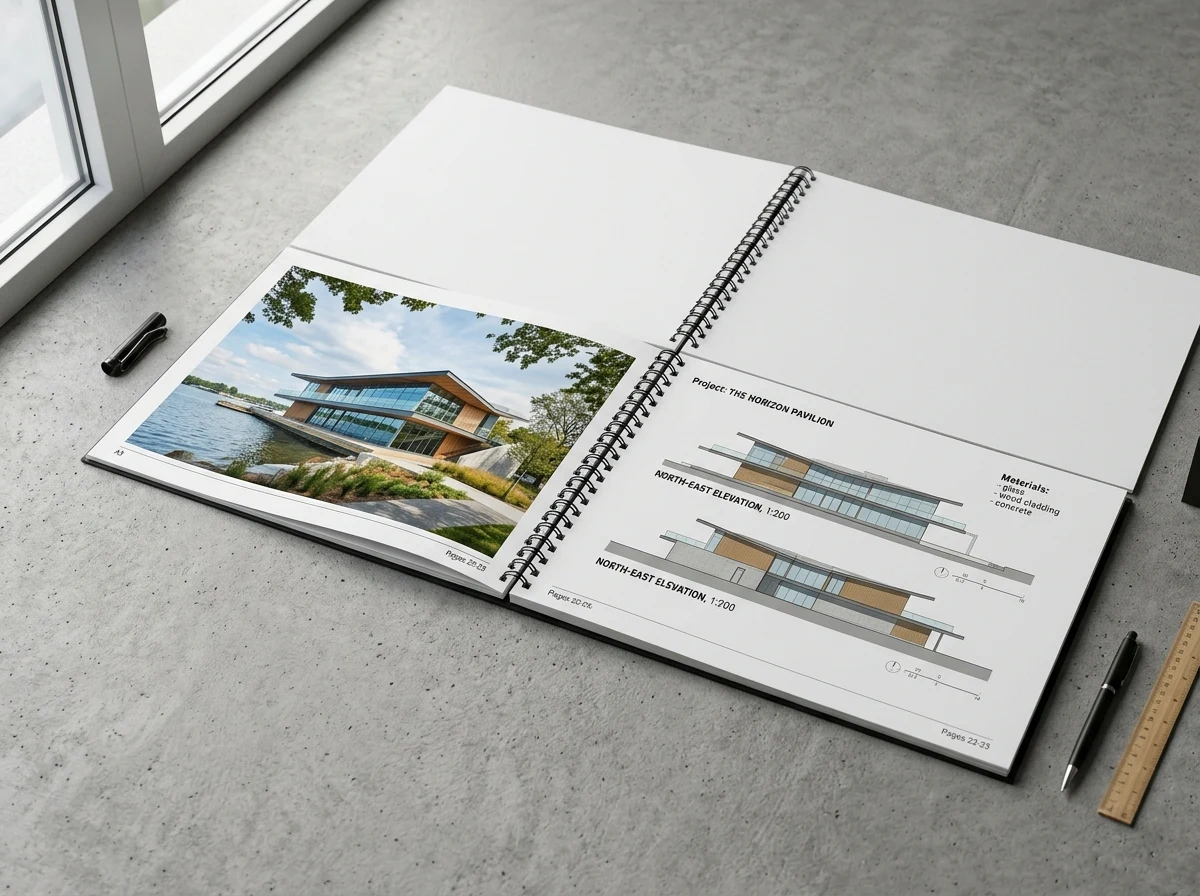 Tập portfolio KTS khổ A3 ngang đóng gáy xoắn lò xo kẽm đen mở phẳng trưng bày dự án