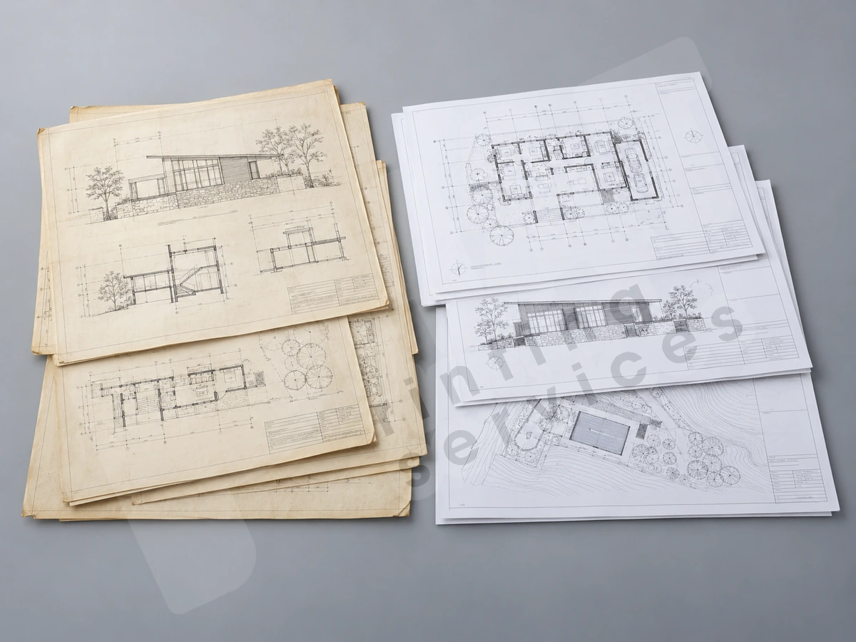 Hai nhóm bản vẽ minh họa giấy nguồn cũ và bản in mới để đối chiếu danh mục
