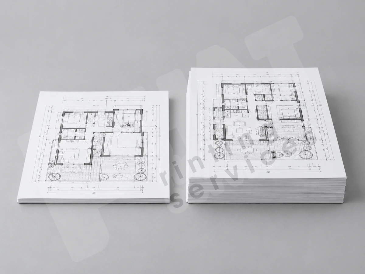 Hai chồng bản vẽ minh họa có số lượng tờ khác nhau, thấy rõ mép giấy và độ dày