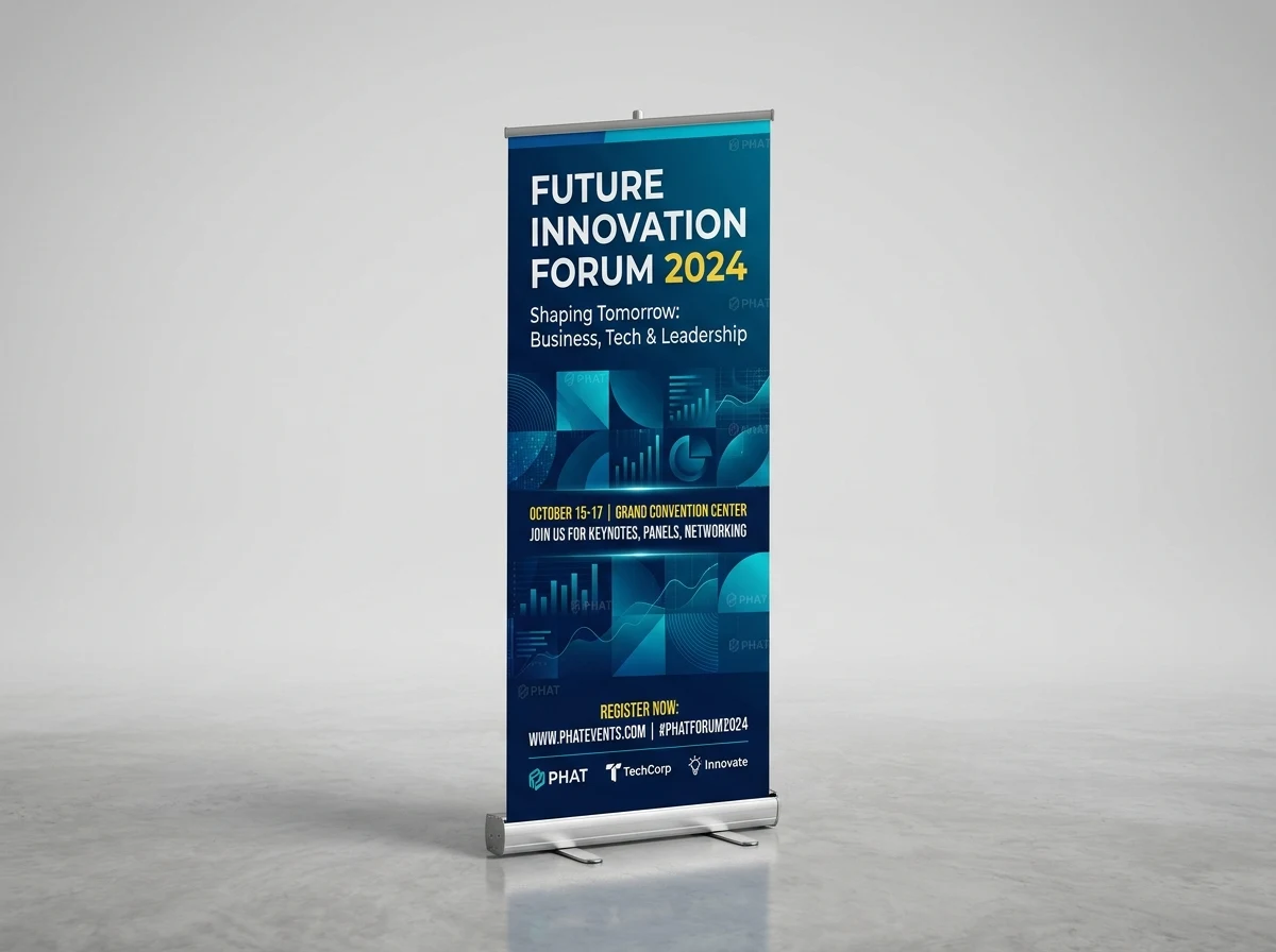 Mẫu standee cuộn nhôm cao cấp bạt PP cán màng mờ sắc nét sự kiện tại Nhà In Phát