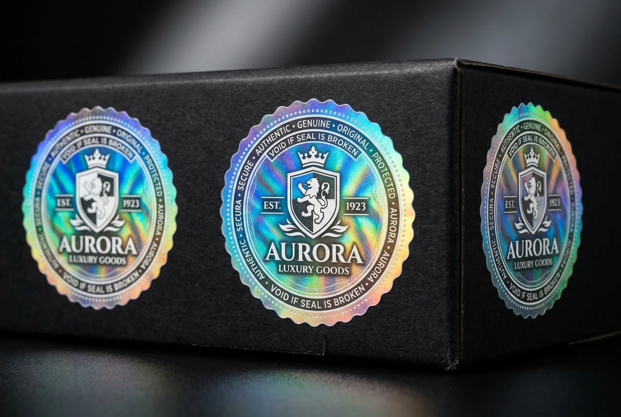 Mẫu in tem decal hologram 7 màu lót trắng niêm phong bảo hành chống hàng giả cao cấp tại Nhà in Phát