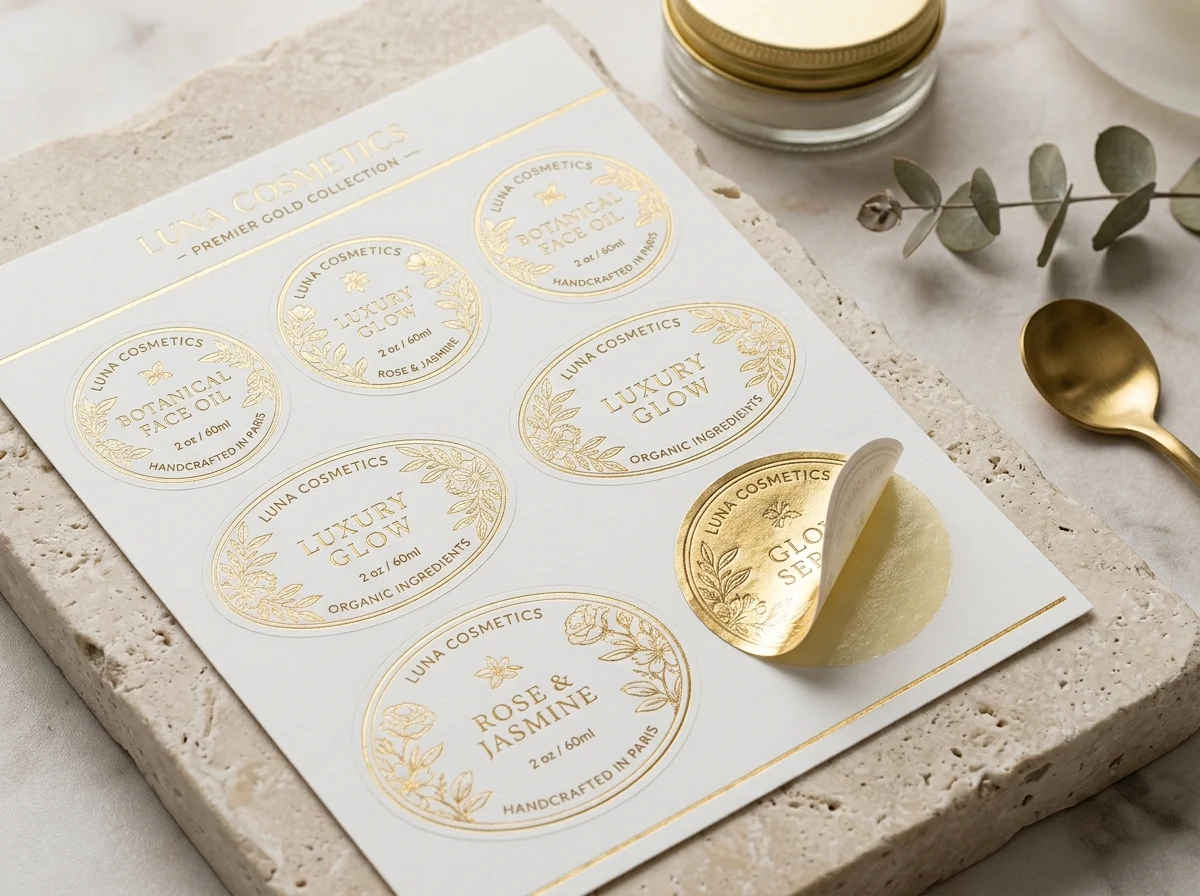 Tờ decal tem nhãn mỹ phẩm ép kim vàng bế demi tròn elip