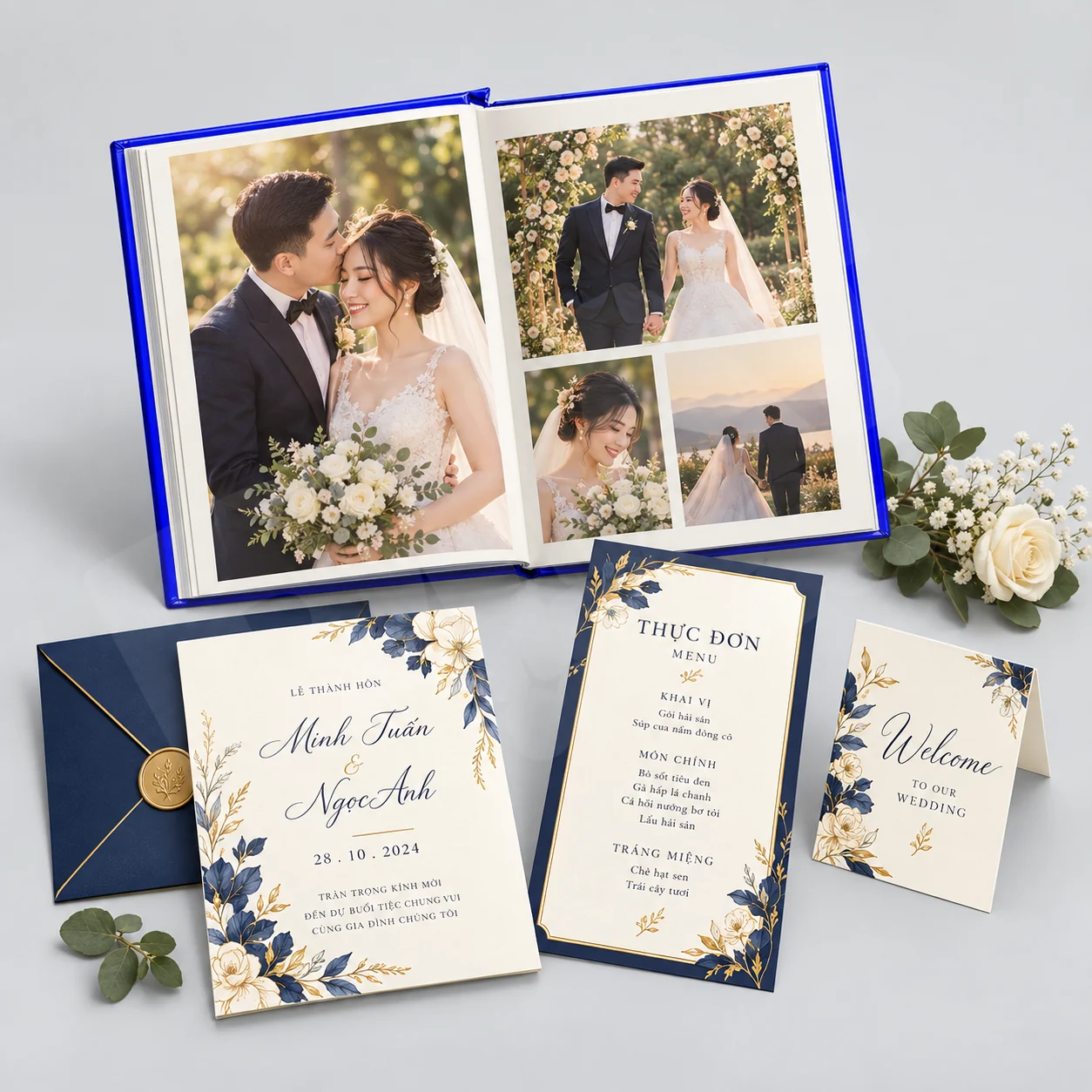 Album cưới phối hợp bộ thiệp và ấn phẩm lễ cưới