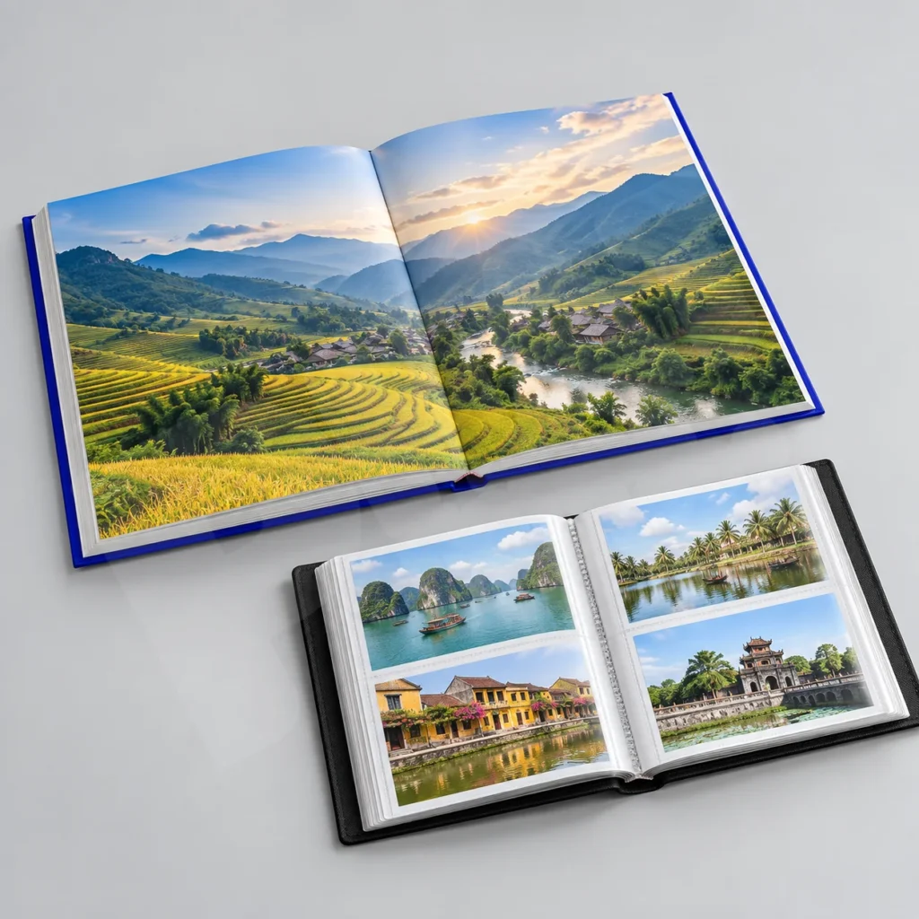 Ảnh render minh họa photobook và album ảnh rời để so sánh cách lưu ảnh