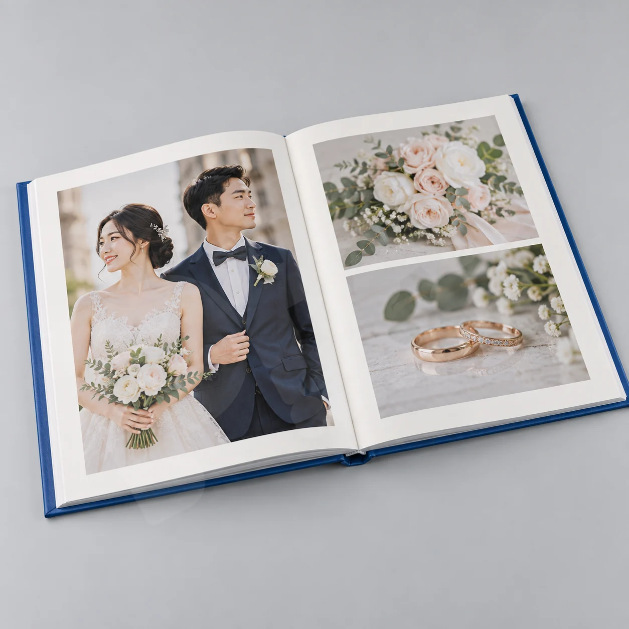 Chọn album ảnh cưới mở phẳng bìa cứng: xem từ ruột đến thành phẩm 2 Album ảnh cưới mở phẳng – Ảnh render minh họa album cưới bìa cứng mở phẳng với ảnh và chi tiết ngày cưới, góc bố cục thứ hai