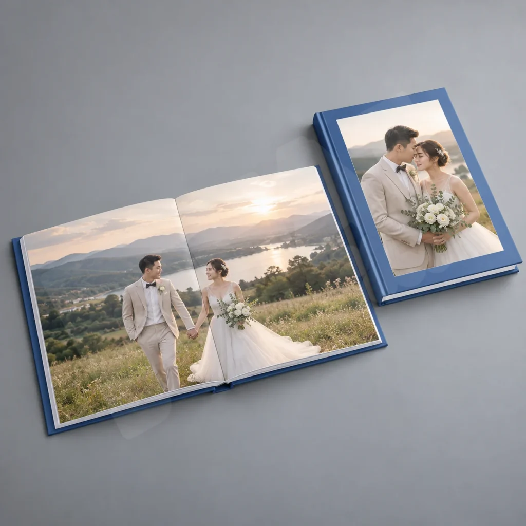 Chọn album ảnh cưới mở phẳng bìa cứng: xem từ ruột đến thành phẩm 1 Ảnh render minh họa album cưới bìa cứng mở phẳng với ảnh và chi tiết ngày cưới