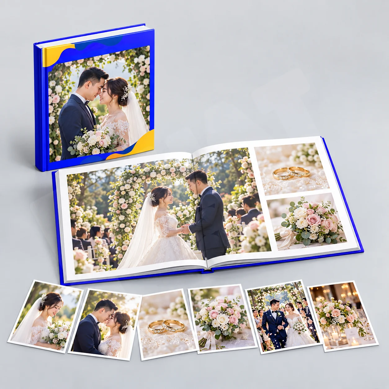 Chọn ảnh pre-wedding – Ảnh render minh họa bộ ảnh pre-wedding và ngày cưới được chọn cho album, góc bố cục thứ hai