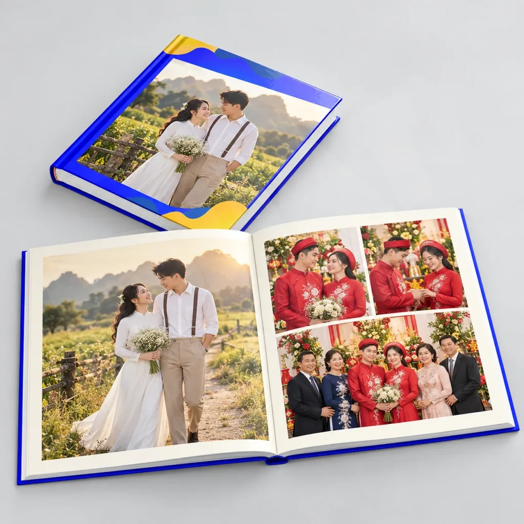 Ảnh render minh họa bộ ảnh pre-wedding và ngày cưới được chọn cho album