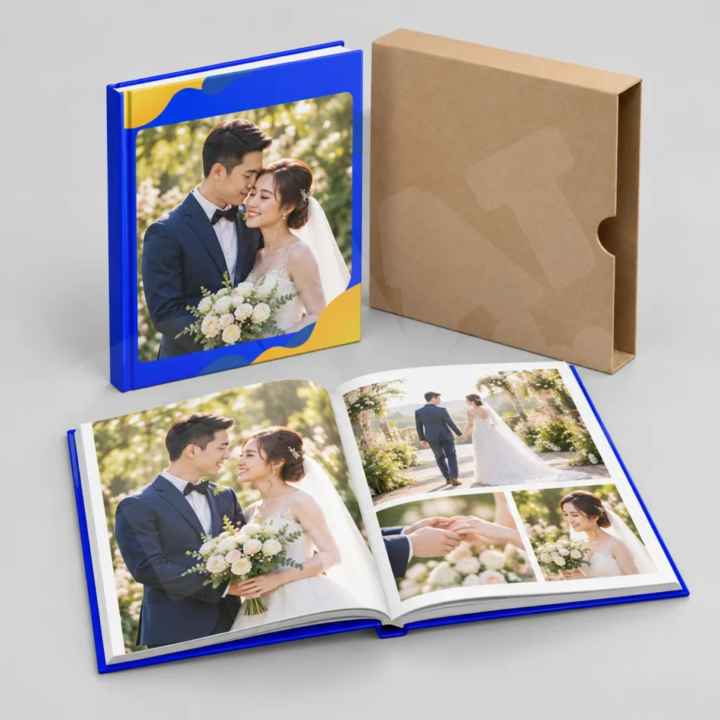Ảnh render minh họa album cưới và kiểm tra thành phẩm trước bảo quản