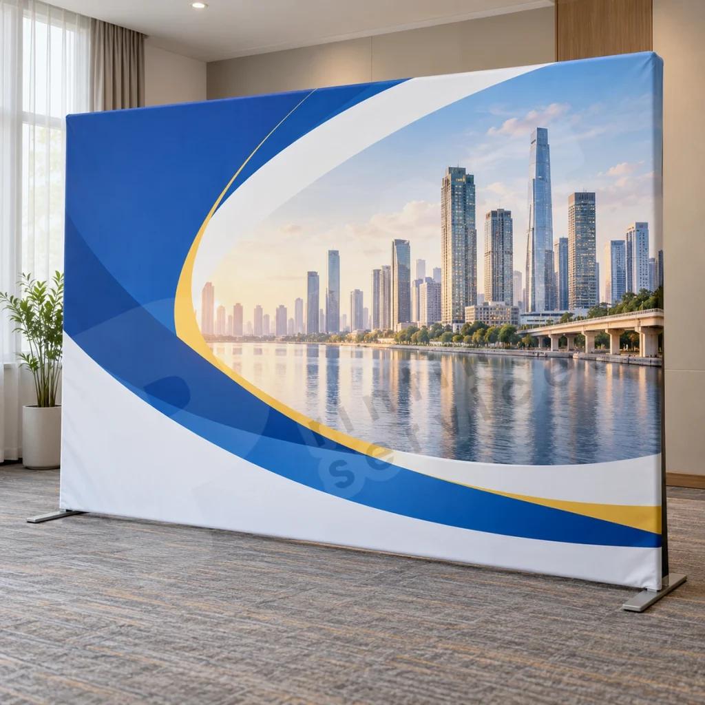 Mặt backdrop trên khung có sẵn trong không gian sự kiện, render minh họa