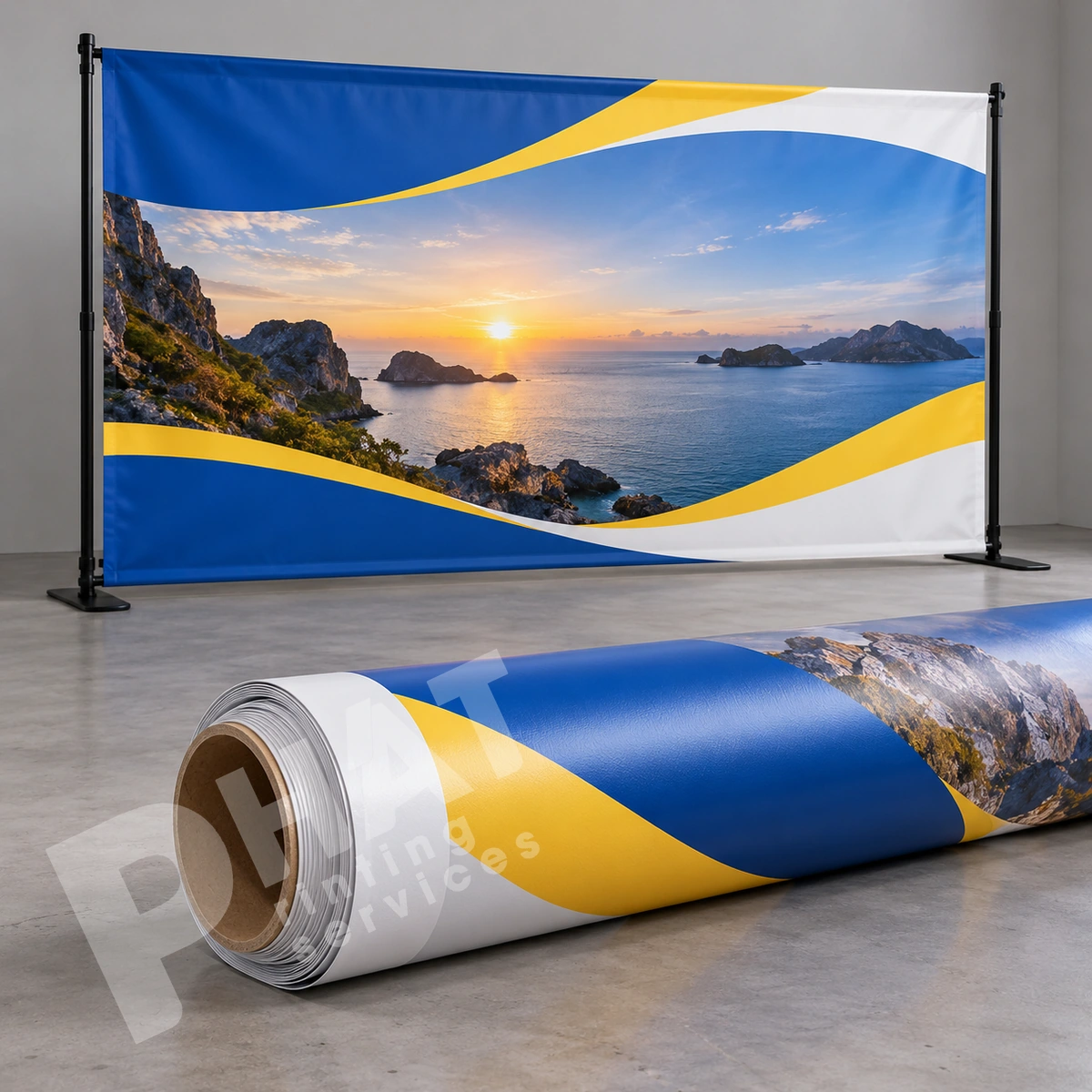 In Banner Gấp: Chốt File Và Lịch Để Không Trễ 3 Cuộn tấm in trên lõi giấy trước banner phong cảnh biển treo trên khung
