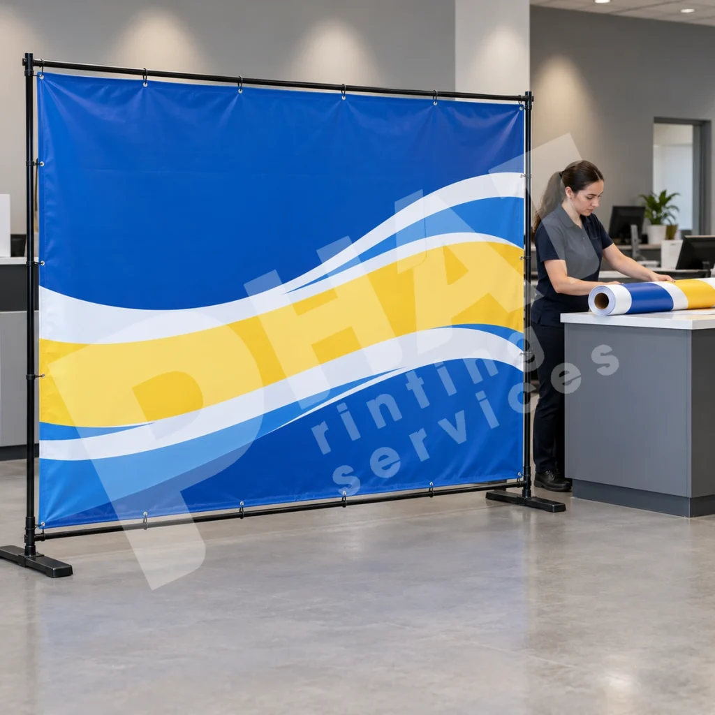 In Banner Gấp: Chốt File Và Lịch Để Không Trễ 2 Banner nền xanh vàng trắng trên khung cạnh người thao tác với cuộn in trên quầy