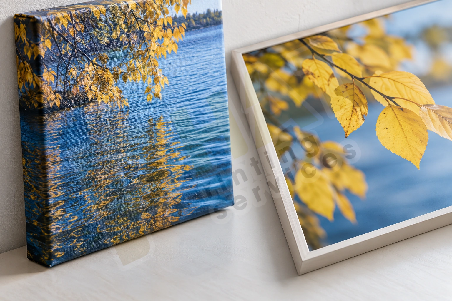 Cận cạnh ôm ảnh và vân dệt của Canvas bên cạnh bản ảnh phẳng có khung sáng