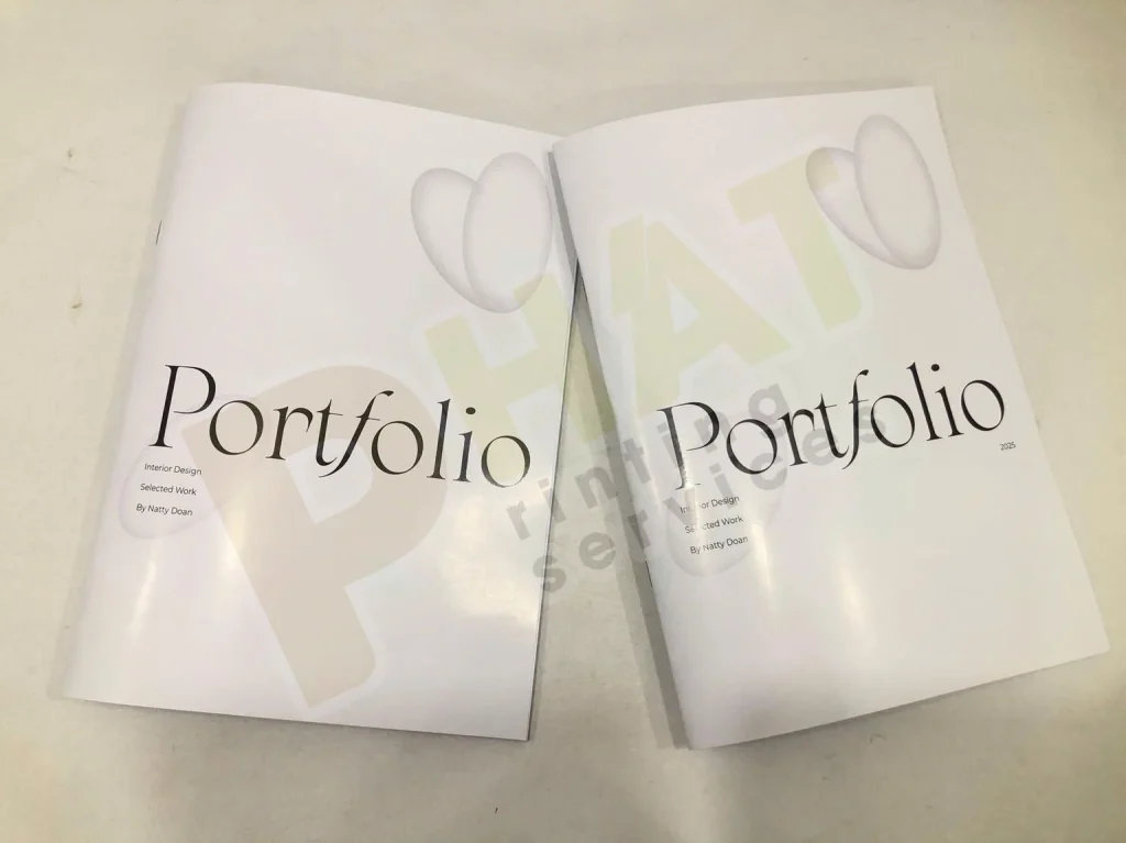 Hai cuốn portfolio bìa trắng in chữ Portfolio đặt nghiêng cạnh nhau