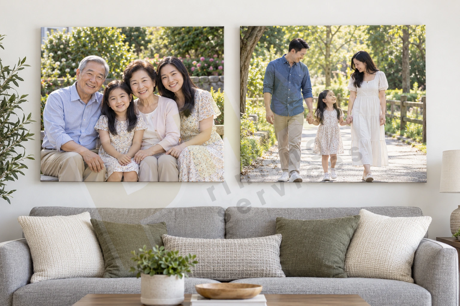 Hai tranh Canvas chân dung nhiều thế hệ và gia đình đi trong công viên treo trên sofa