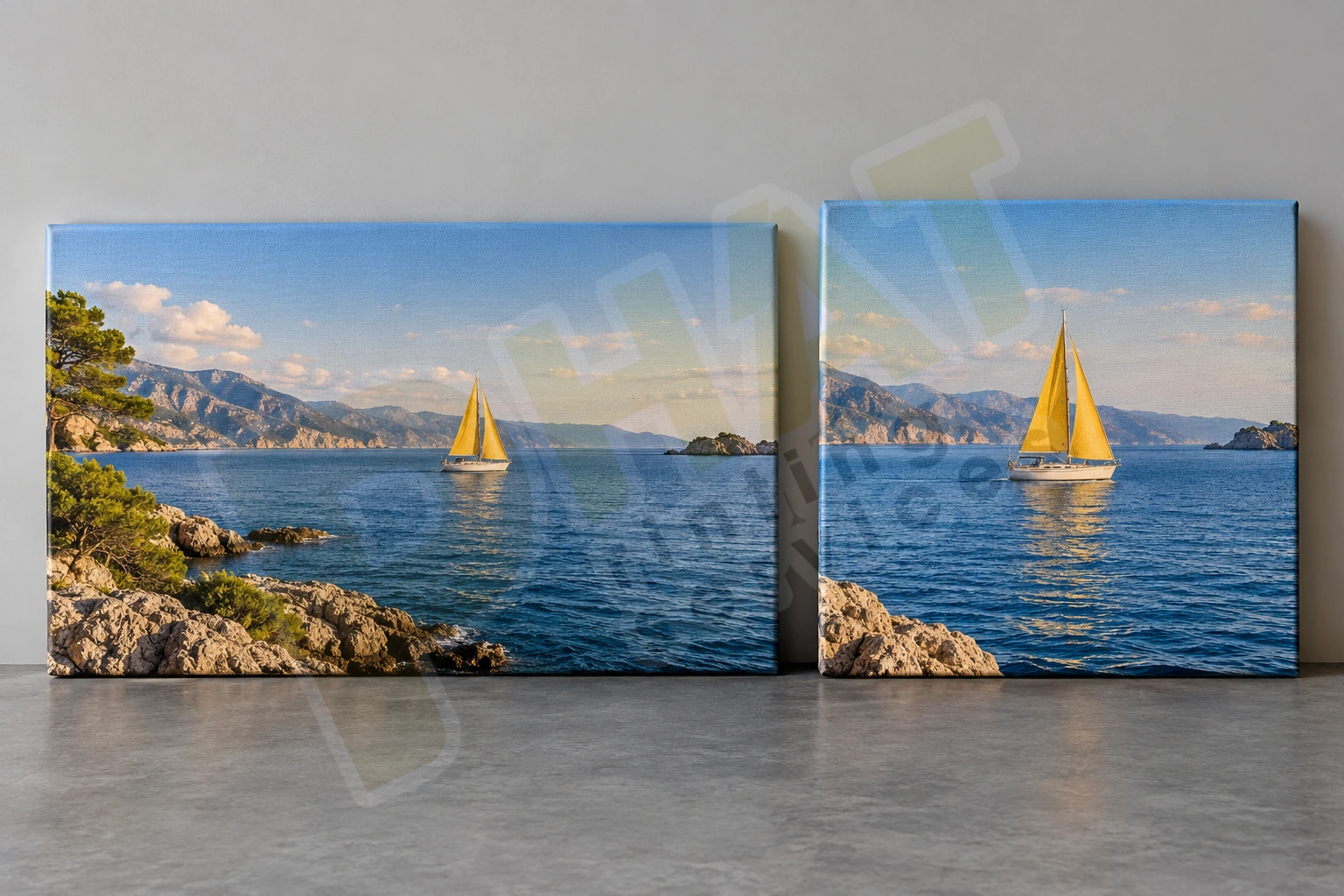 Chuẩn Bị File In Tranh Canvas: Pixel, Tỷ Lệ Và Ảnh Ôm Cạnh 2 Hai tranh Canvas cảnh biển và thuyền buồm ở định dạng ngang và vuông
