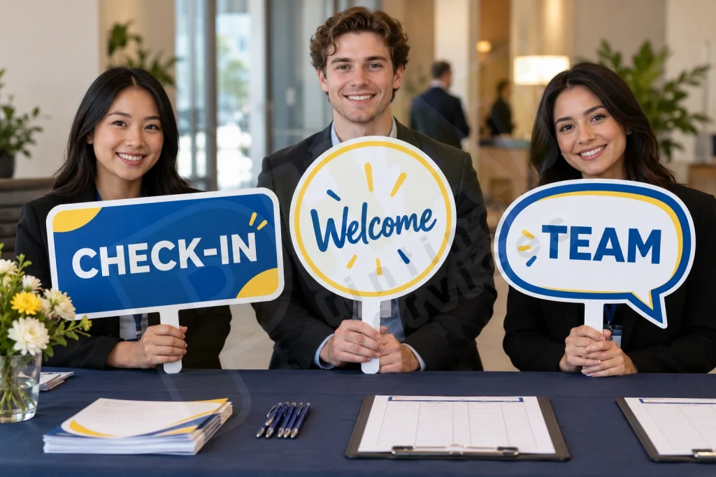 Render minh họa bộ bảng check-in doanh nghiệp có hệ màu và hình nhận diện đồng bộ
