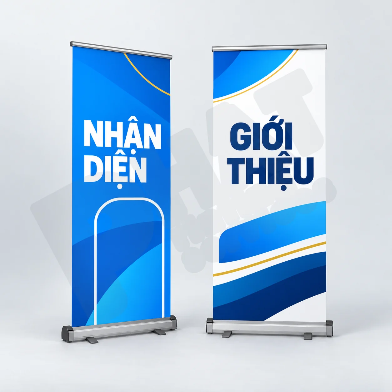 Minh họa bộ in standee hội chợ với hai tấm nhận diện và giới thiệu sản phẩm