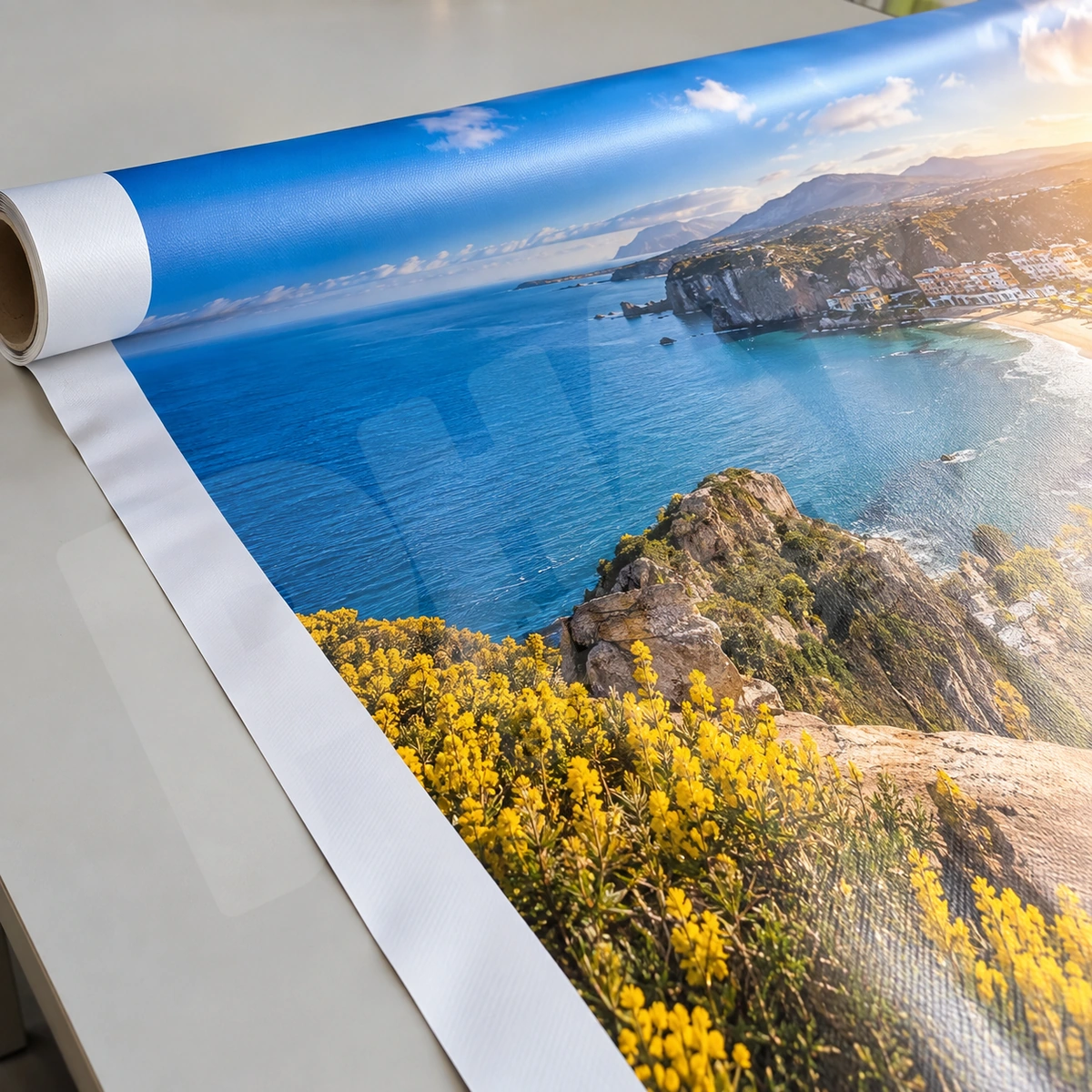 Mặt backdrop có vùng ảnh và mép nền trắng, render minh họa