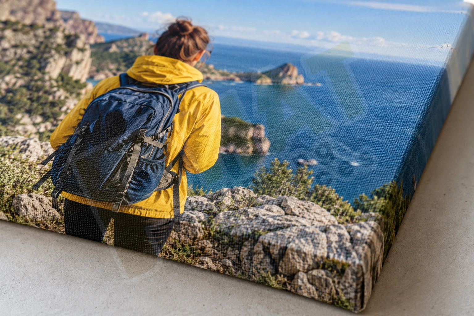 Cận tranh Canvas ảnh người đeo ba lô nhìn ra biển, thấy đường bao chủ thể và vân bề mặt