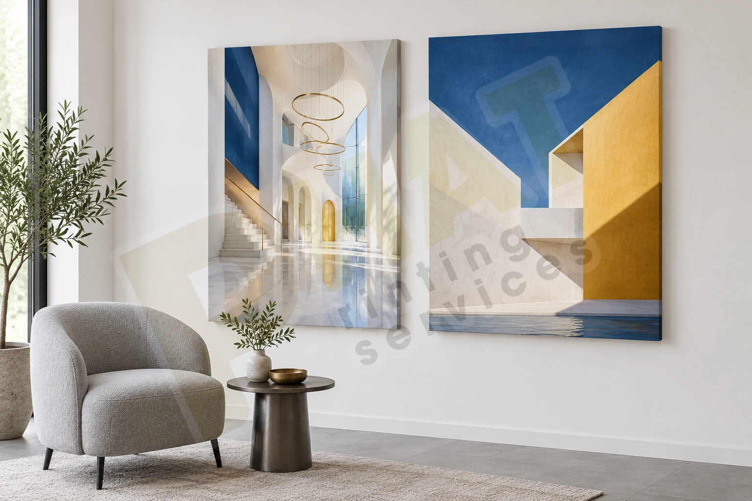 Hai tranh Canvas chủ đề kiến trúc treo trên tường cạnh ghế trưng bày màu xám