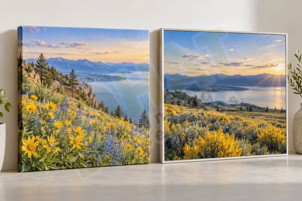 Tranh Canvas có mặt dệt và cạnh ôm ảnh đặt bên một bản hình phẳng trong khung sáng