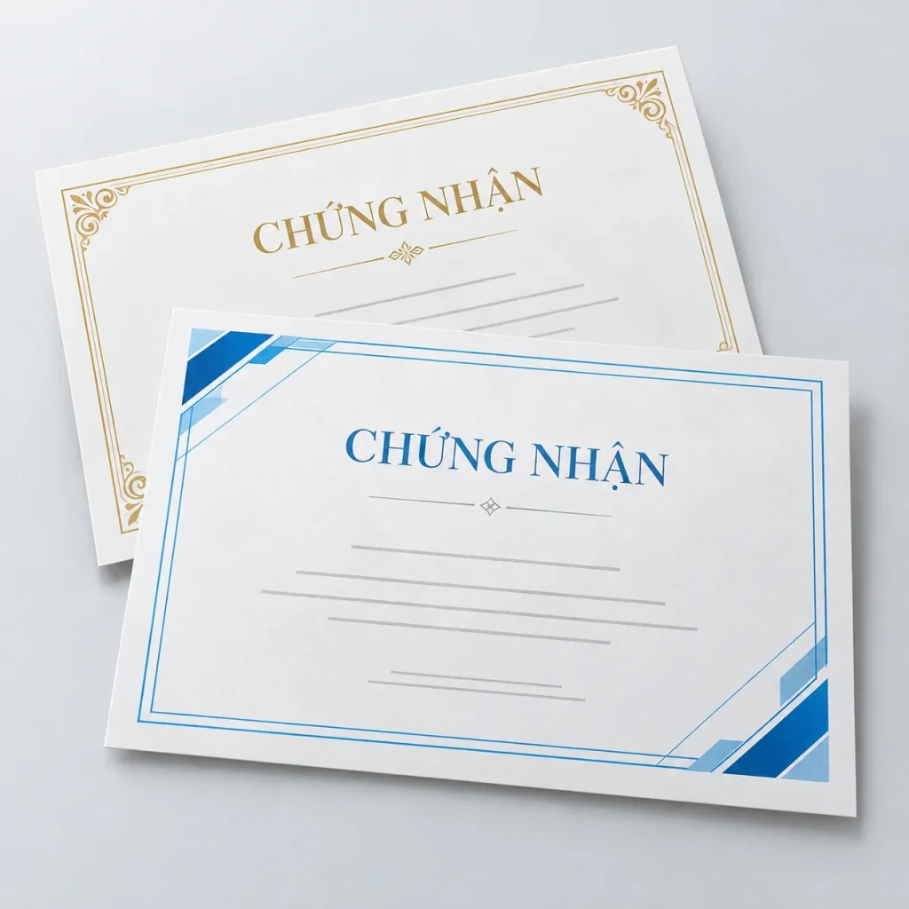 Hai mẫu chứng nhận giấy rời với viền xanh và viền vàng in