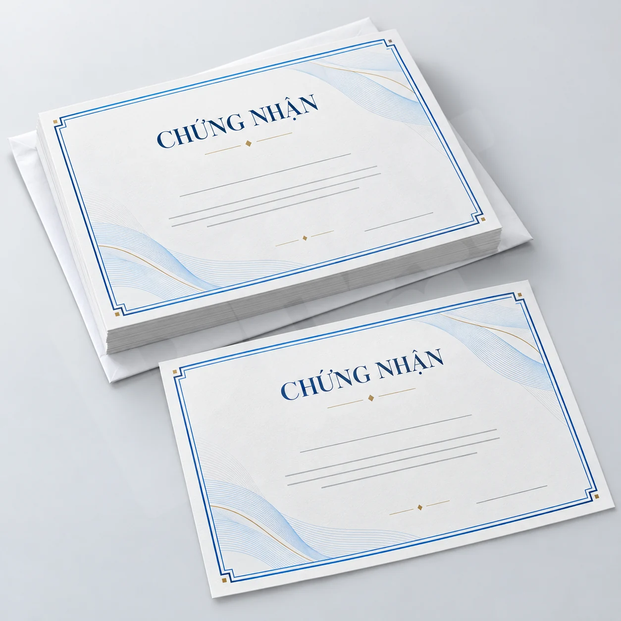 Minh họa chi phí in bằng khen: Tập chứng nhận viền xanh và một tờ rời bên cạnh bao gói giấy