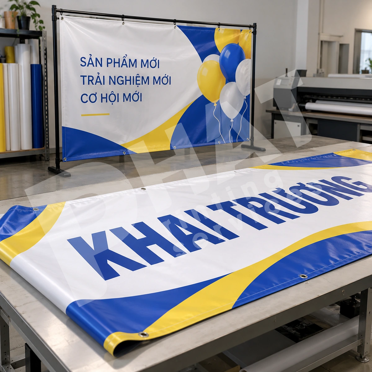 Ảnh render minh họa banner KHAI TRƯƠNG đặt trên bàn và banner ba dòng chữ treo trên khung phía sau