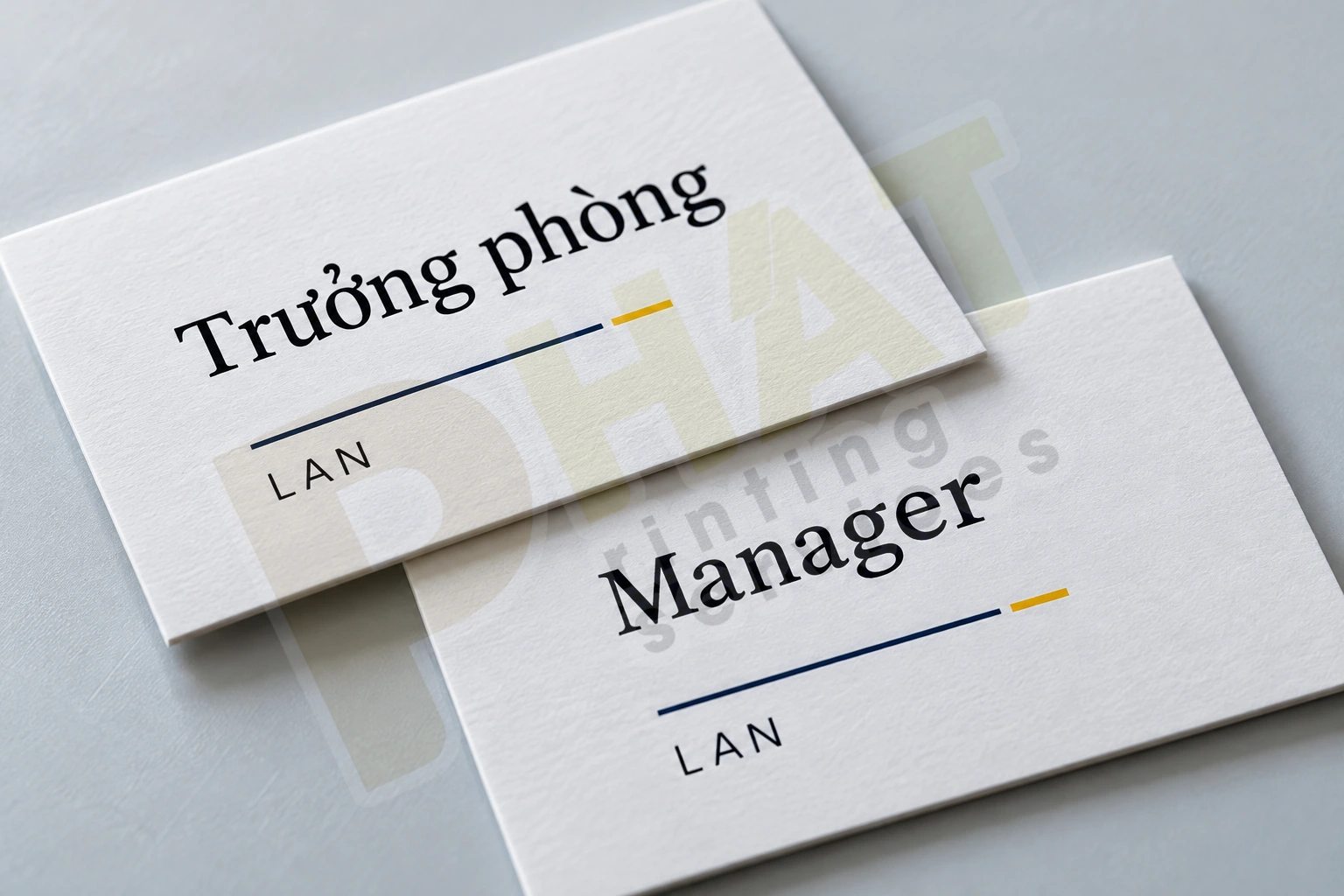 Cận hai danh thiếp LAN với chức danh Trưởng phòng và Manager, thấy nét chữ và mặt giấy