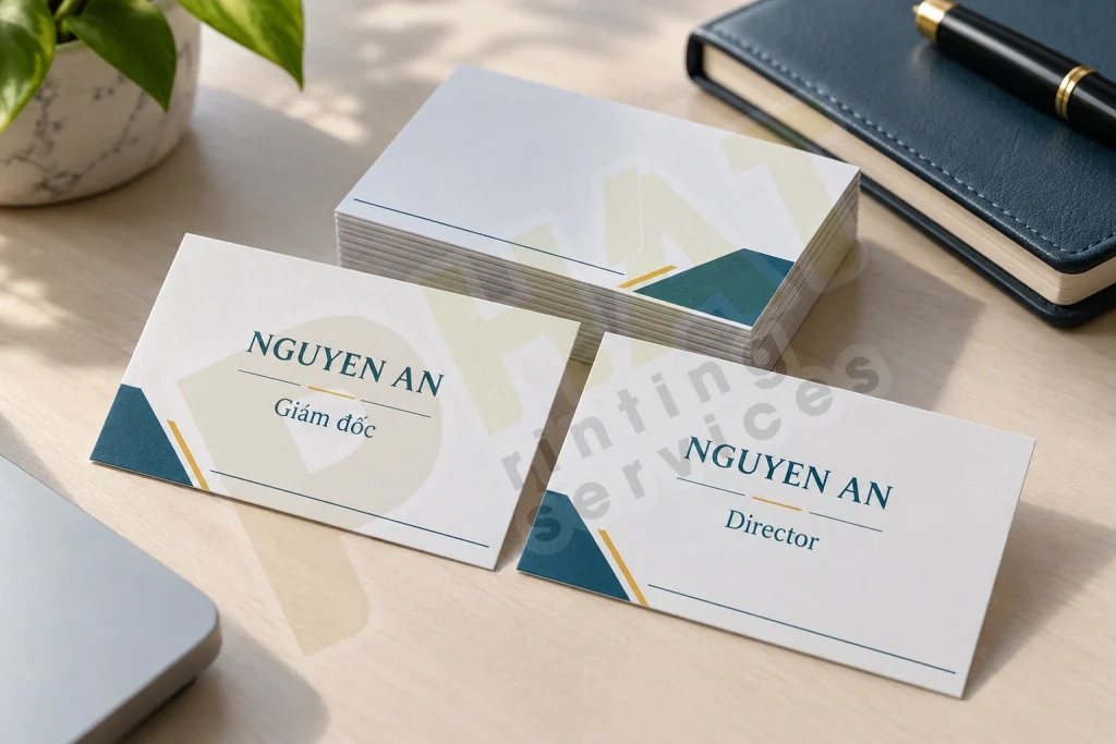 Hai mẫu danh thiếp NGUYEN AN với chức danh Giám đốc và Director, cùng thiết kế xanh vàng