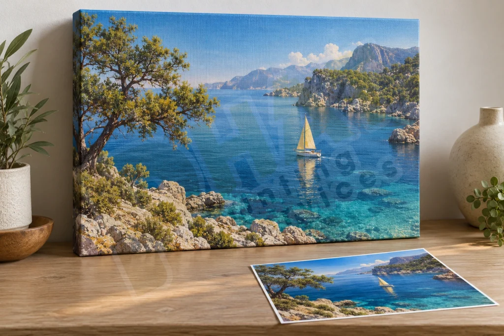 Một tranh Canvas cảnh vịnh biển và thuyền vàng đặt cạnh bản ảnh phẳng trên bàn