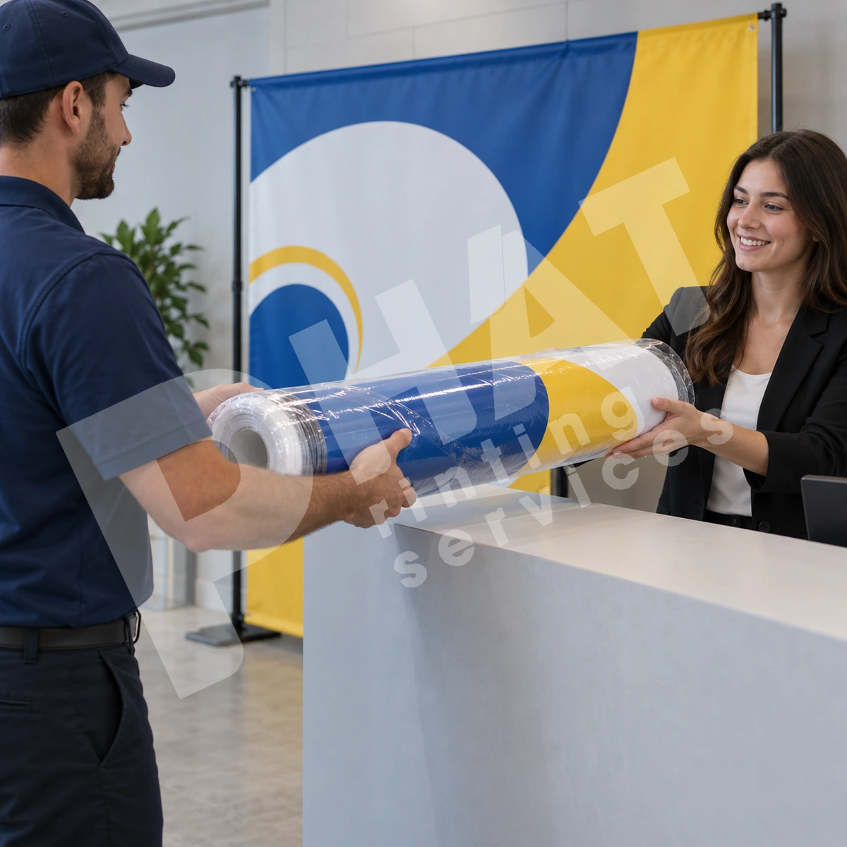 Đặt Banner Và Backdrop Online: Giao Tại Điểm Sự Kiện 2 Ảnh render minh họa hai người trao nhận cuộn tấm in bọc màng trong tại quầy minh họa