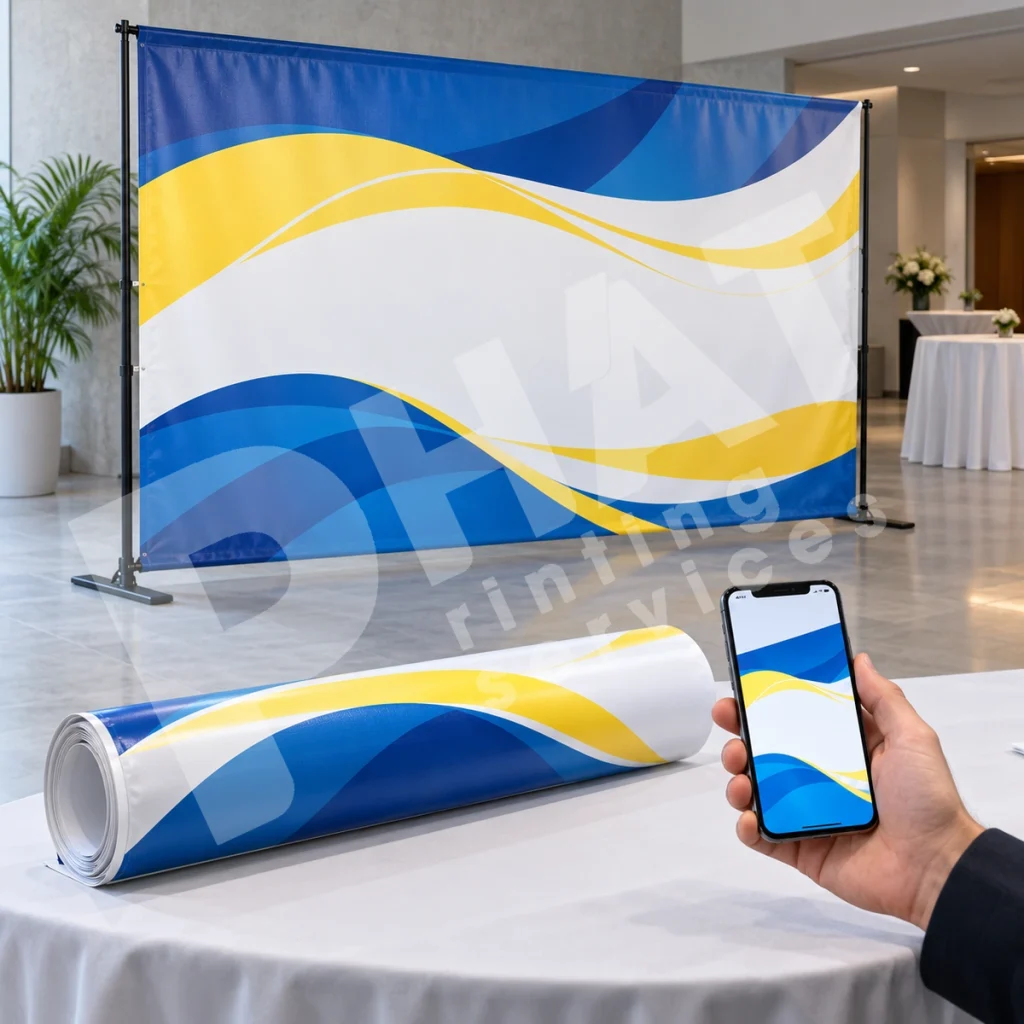 Đặt Banner Và Backdrop Online: Giao Tại Điểm Sự Kiện 1 Backdrop xanh vàng trắng trong sảnh minh họa, cuộn in và điện thoại phía trước