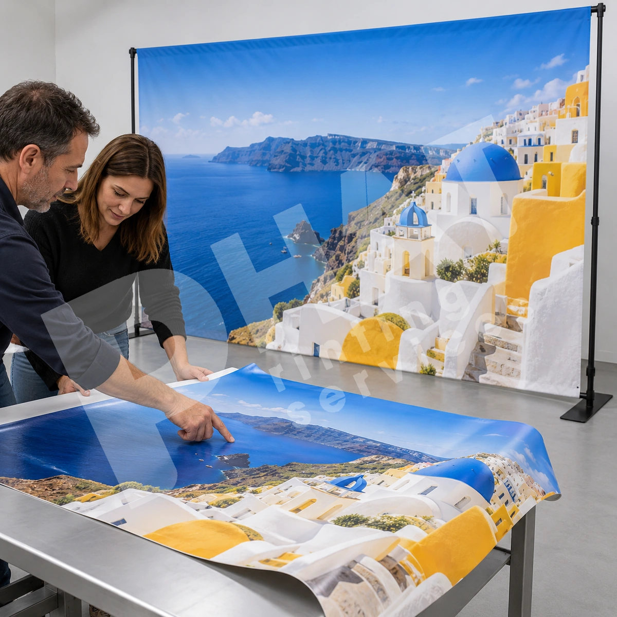 Ảnh render minh họa hai người đối chiếu tấm in phong cảnh ven biển trên bàn với backdrop phía sau