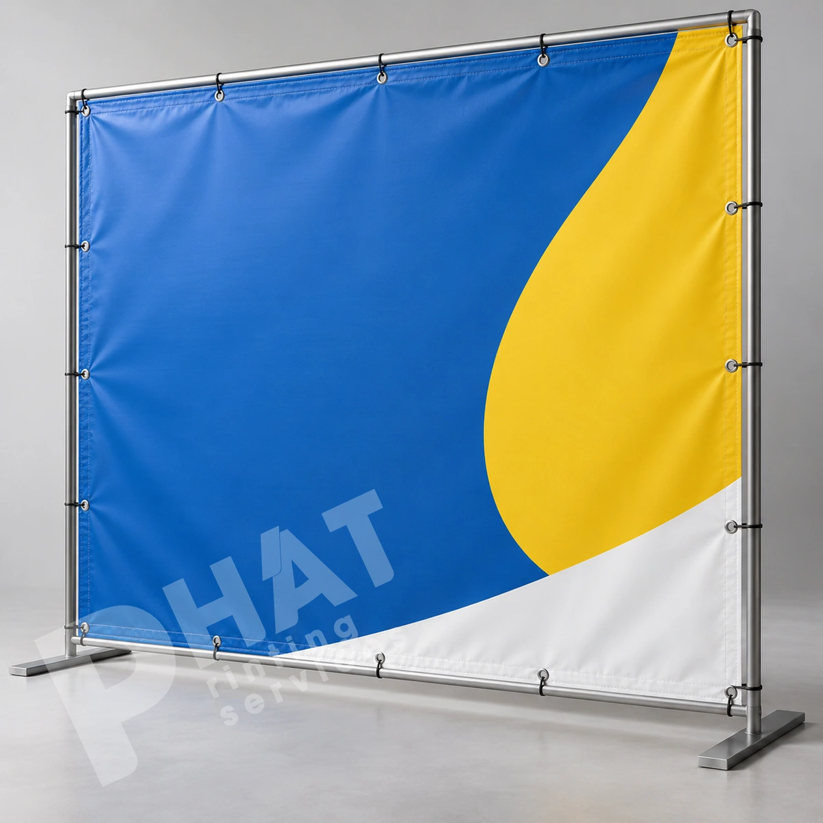 Ảnh render minh họa backdrop nền xanh vàng trắng căng bằng khoen và dây trên khung kim loại