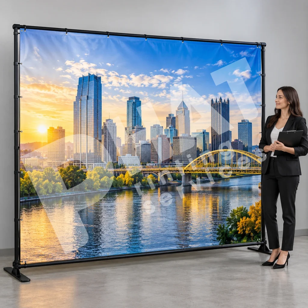 Ảnh render minh họa người cầm bảng ghi đứng cạnh backdrop in phong cảnh thành phố và cầu