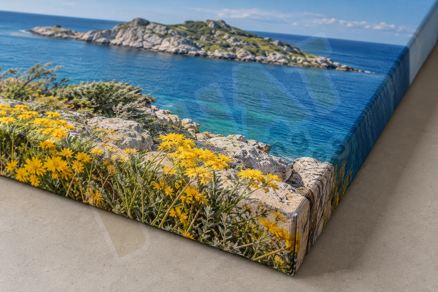 Chuẩn Bị File In Tranh Canvas: Pixel, Tỷ Lệ Và Ảnh Ôm Cạnh 3 Cận góc tranh Canvas phong cảnh biển, thấy ảnh chạy quanh cạnh và vân bề mặt
