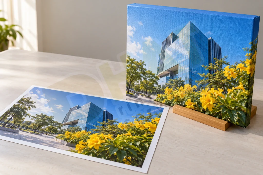 Chuẩn Bị File In Tranh Canvas: Pixel, Tỷ Lệ Và Ảnh Ôm Cạnh 1 Tranh Canvas kiến trúc đặt cạnh bản ảnh phẳng, nhìn rõ mặt hình và cạnh hoàn thiện