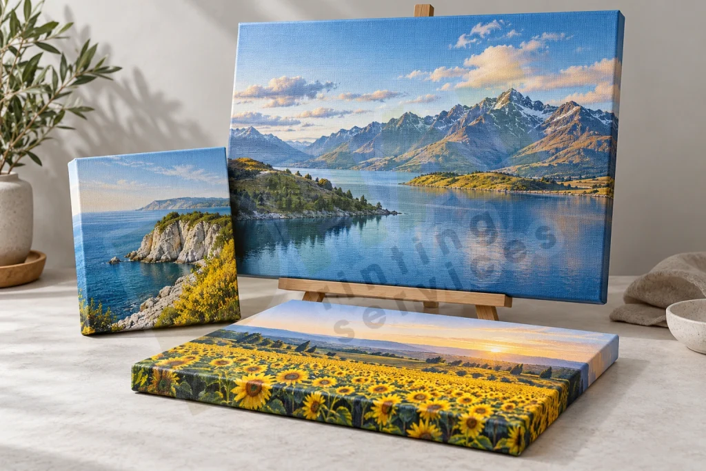 Ba tranh Canvas phong cảnh ở các kích thước, nhìn rõ mặt tranh và cạnh hoàn thiện