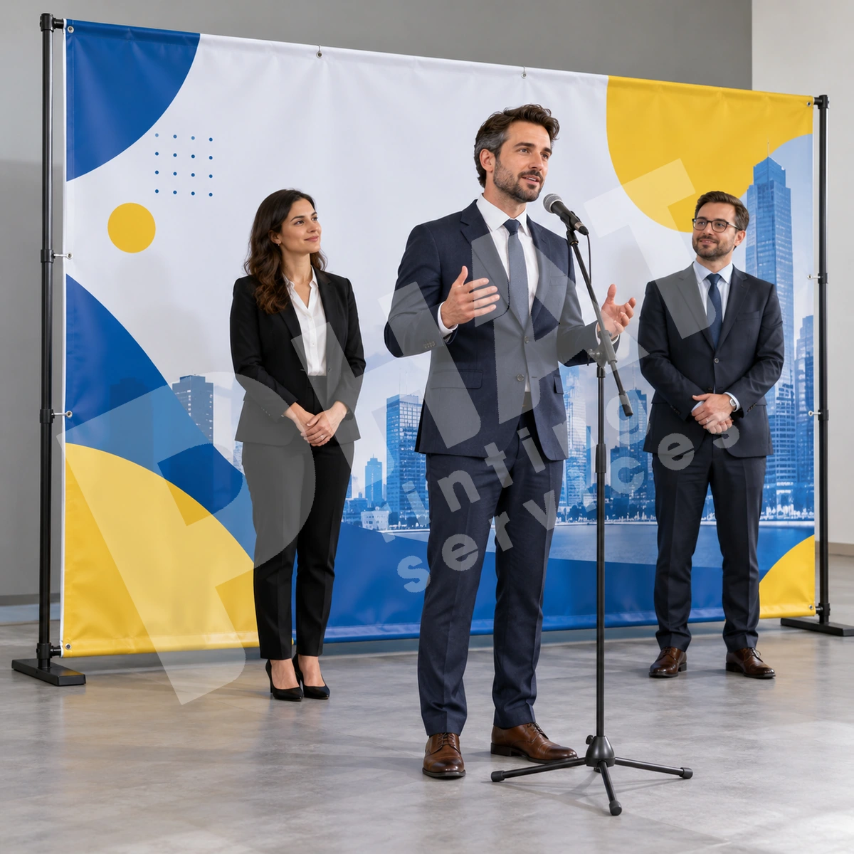 Backdrop Hội Nghị Và Họp Báo: Logo Và Góc Lên Hình 2 Render minh họa ba người đứng trước backdrop họa tiết đô thị, một người phát biểu vào micro