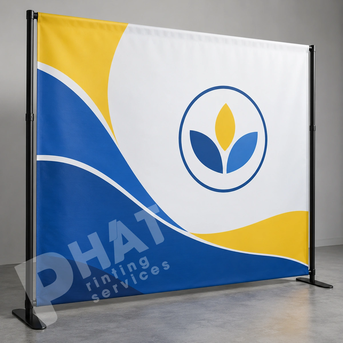 Backdrop Hội Nghị Và Họp Báo: Logo Và Góc Lên Hình 3 Render minh họa backdrop xanh vàng trắng có biểu tượng ba cánh trong vòng tròn