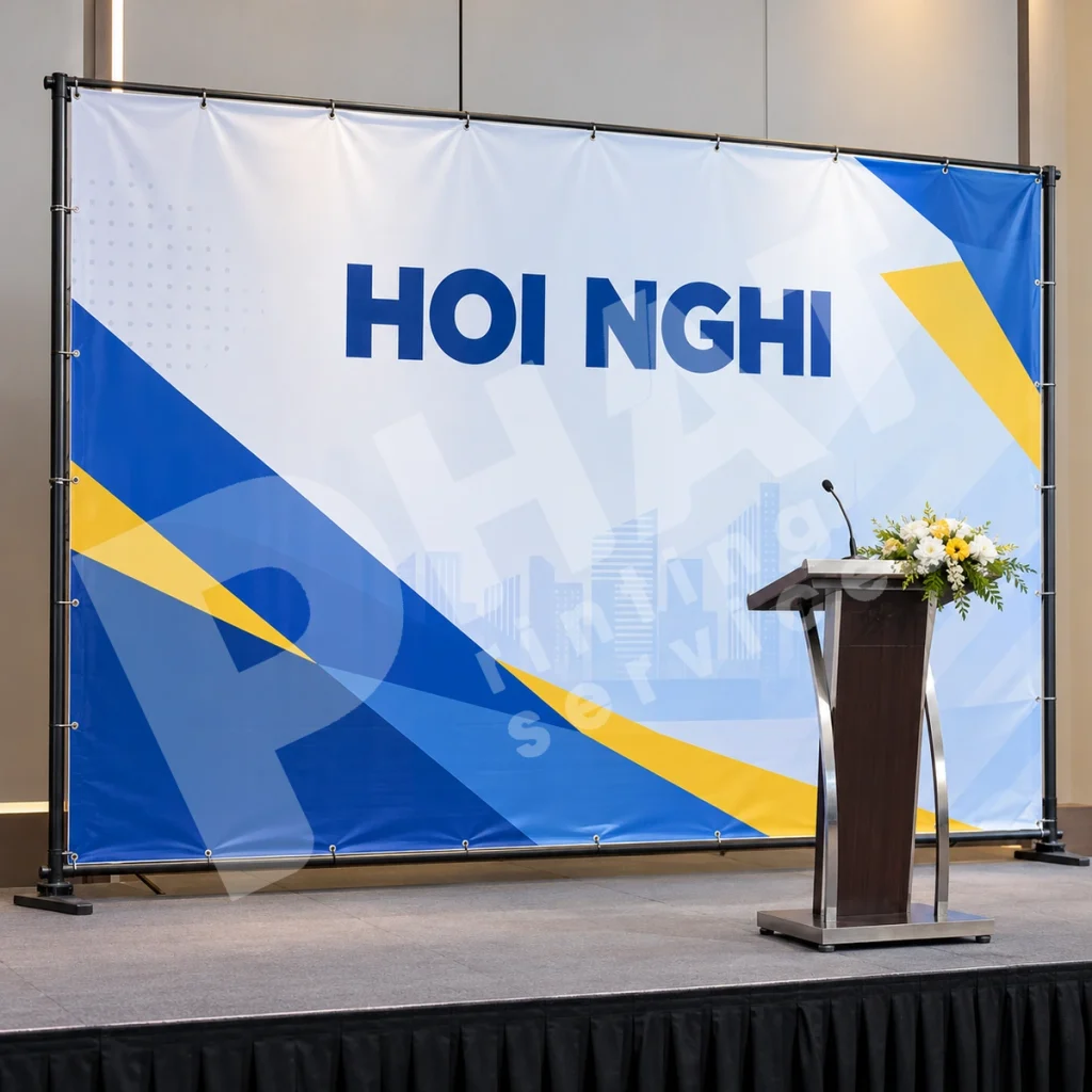 Backdrop Hội Nghị Và Họp Báo: Logo Và Góc Lên Hình 1 Backdrop hội nghị trên khung, phía sau bục phát biểu có micro