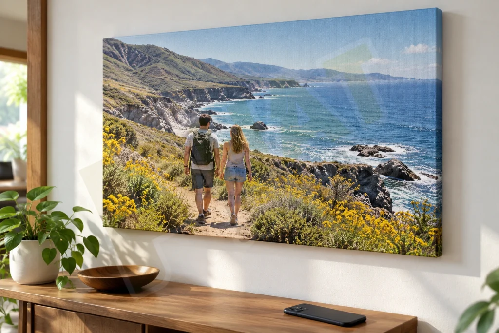 Tranh Canvas ảnh hai người đi trên lối ven biển, treo phía trên bàn có điện thoại