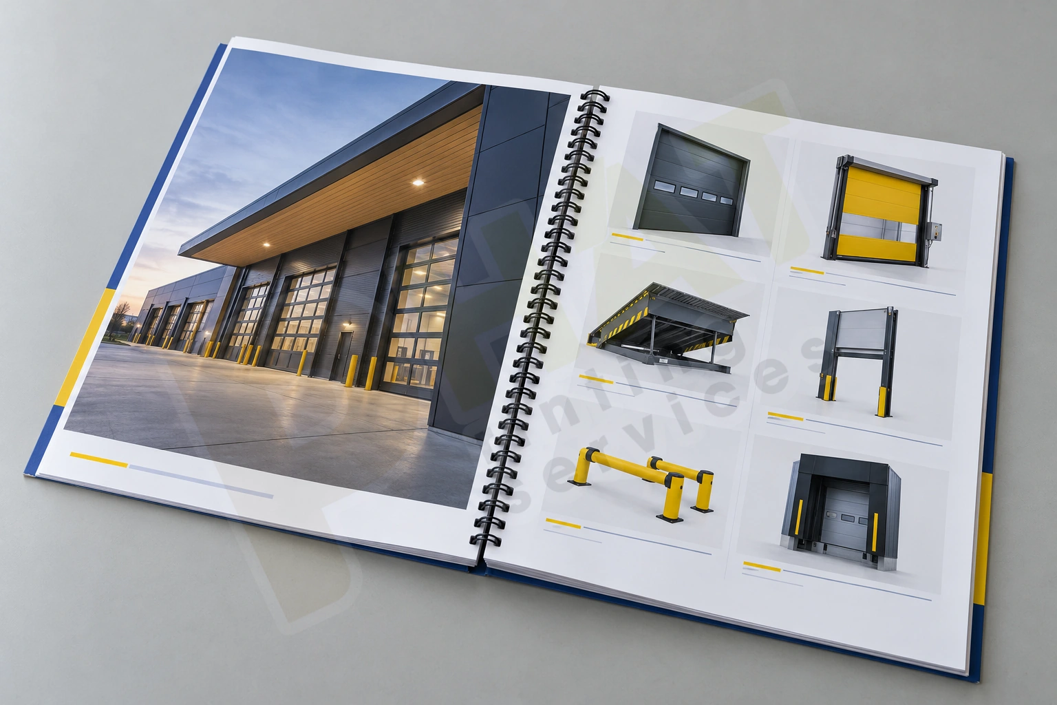 Catalogue gáy lò xo kép mở trên bàn, thể hiện mép đục lỗ và vòng đóng