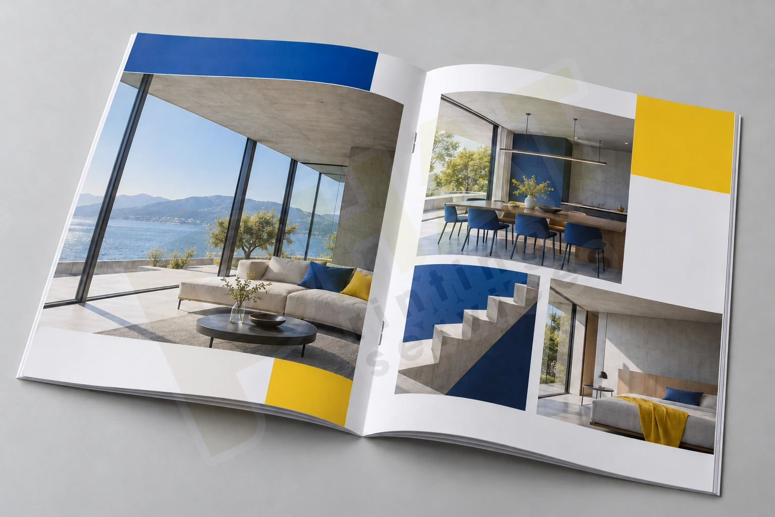 Catalogue kim giữa mở tại trang trung tâm với hai kim đóng dọc nếp gấp